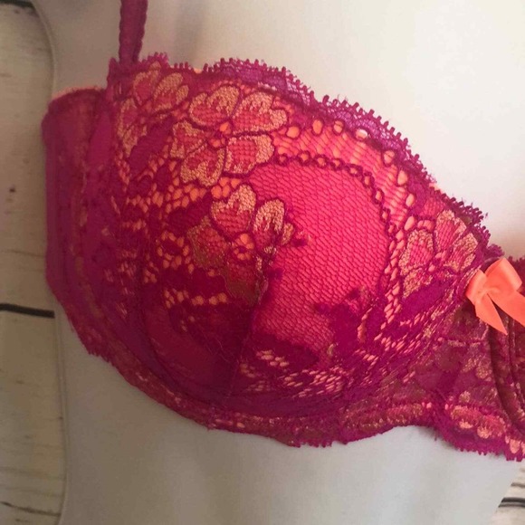 Neu Look hot pink neon orange lace padded push up bra 34C - Picture 2 of 4